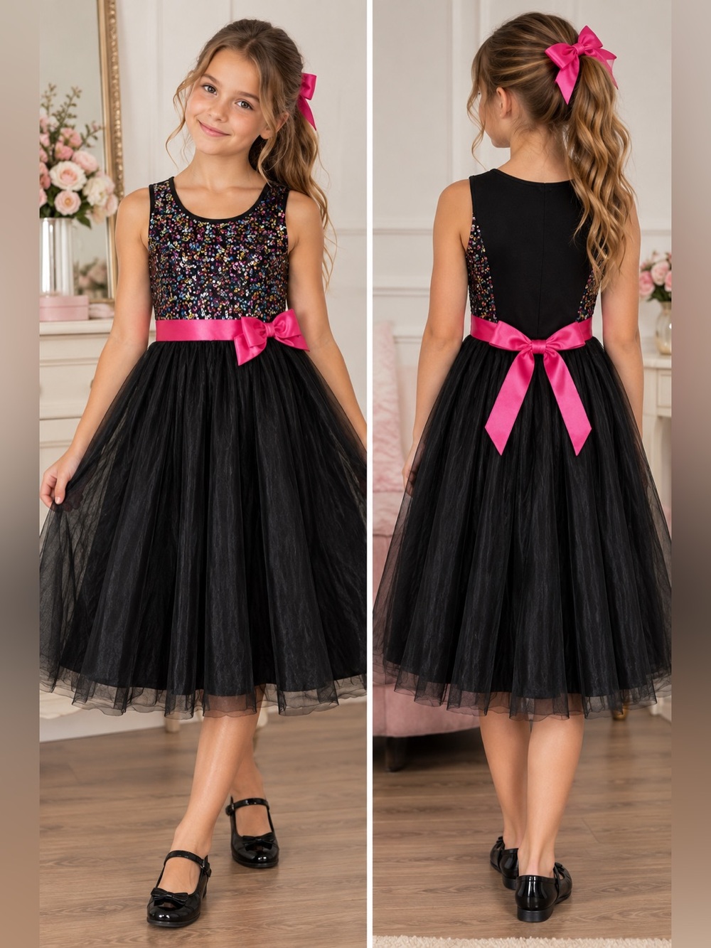 Target Girls Black Rainbow Sequin Tulle Party Dress Pink Bow- 14/16 XL